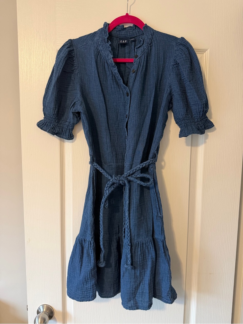 GAP Indigo Blue Textured Midi Dress with Braided Tie